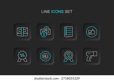 Set line Scanner scanning bar code, Medal, Price tag with Sale, Discount percent, Hand like, Shopping list, Stacks paper money cash and  icon. Vector