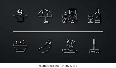 Set line Scarecrow, Bowl of hot soup, Wine bottle with glass, Bare tree, Eggplant, Umbrella, Garden rake and Tractor icon. Vector