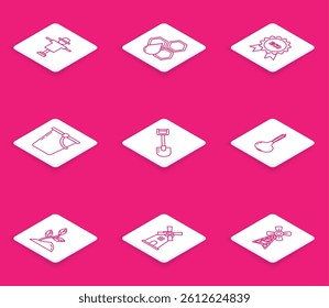 Set line Scarecrow, Honeycomb, Banner, label, tag, logo for eco, Bucket, Shovel, Onion, Sprout and Windmill icon. Vector