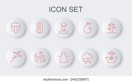 Set line Scarecrow, Kite, Graduate and graduation cap, Cloud with rain, Acorn, Thermometer, Windy weather and Ghost icon. Vector