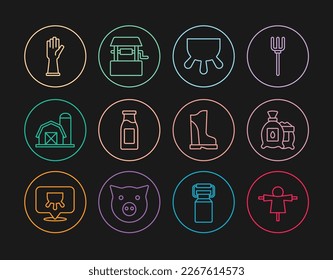 Set line Scarecrow, Pack full of seeds of plant, Udder, Bottle with milk, Farm house, Rubber gloves, Waterproof rubber boot and Well icon. Vector