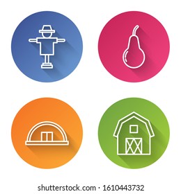 Set line Scarecrow, Pear, Hangar and Farm House concept. Color circle button. Vector