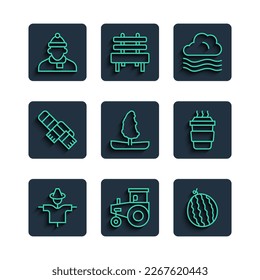Set line Scarecrow, Tractor, Watermelon, Windy weather, Tree, Winter scarf, Autumn clothes and Coffee cup go icon. Vector