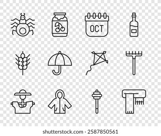 Set line Scarecrow, Winter scarf, October calendar autumn, Raincoat, Spider, Umbrella, Honey dipper stick and Garden rake icon. Vector