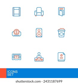 Set line Scenario, Actor star, VHS video cassette tape, Popcorn in cardboard box, Cinema ticket, Stereo speaker, Fire exit and chair icon. Vector