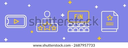 Set line Scenario, Cinema auditorium with screen, Actor star and Online play video icon. Vector