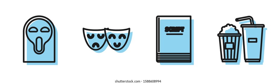 Set line Scenario , Funny and scary ghost mask, Comedy and tragedy theatrical masks  and Popcorn and soda drink glass icon. Vector
