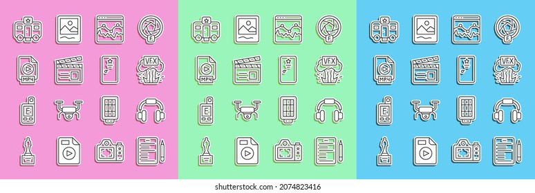 Set line Scenario, Headphones, VFX, Music wave equalizer, Movie clapper, MP4 file document, Actor trailer and Backstage icon. Vector