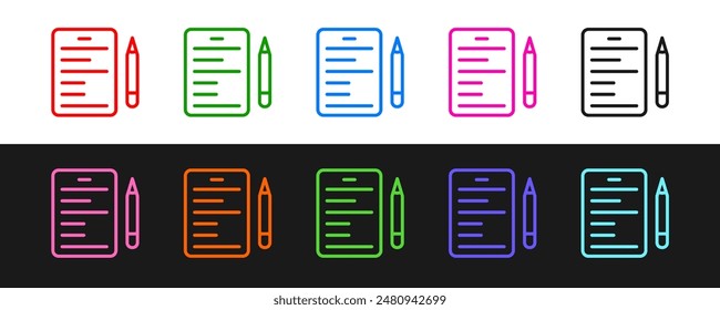 Set line Scenario icon isolated on black and white background. Script reading concept for art project, films, theaters.  Vector