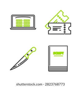 Set line Scenario, Knife, Cinema ticket and Buy cinema online icon. Vector