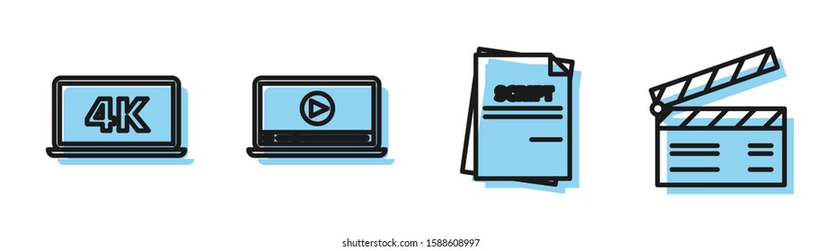 Set line Scenario , Laptop screen with 4k video technology , Online play video  and Movie clapper  icon. Vector