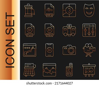 Set line Scenario on chalkboard, Retro cinema camera, Sound mixer controller, Old film movie countdown frame, MOV file document, FLV, Camera cartridge and Actor trailer icon. Vector