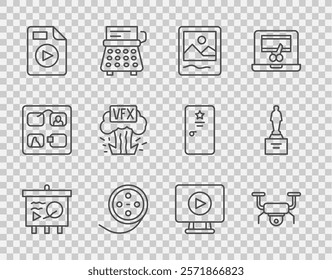 Set line Scenario on chalkboard, Drone flying, Photo frame, Film reel, AVI file document, VFX, Online play video and Movie trophy icon. Vector