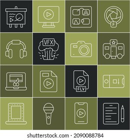 Set line Scenario, Photo and video shooting, Actor trailer, Storyboard, VFX, Headphones, chalkboard and camera icon. Vector