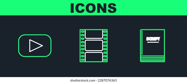 Set line Scenario, Play and Video icon. Vector