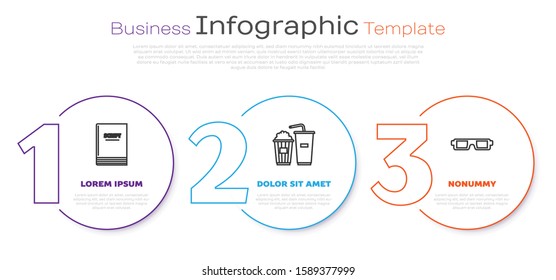 Set line Scenario , Popcorn and soda drink glass and 3D cinema glasses . Business infographic template. Vector