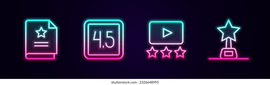 Set line Scenario, Rating movie,  and Movie trophy. Glowing neon icon. Vector