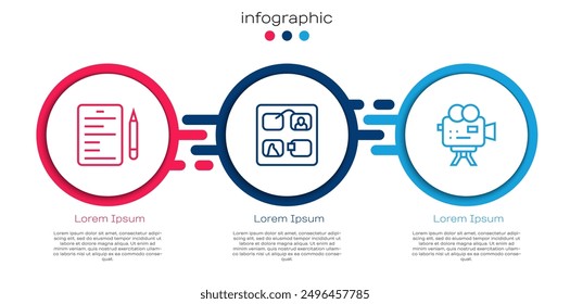 Set line Scenario, Storyboard and Retro cinema camera. Business infographic template. Vector