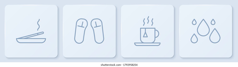 Fijar la línea Scented spa stick, Taza de té con bolso de té, Slipper y Water drop. Botón cuadrado blanco. Vector