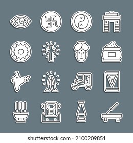 Línea Scented spa stick, India Constitution day, India spice, Yin Yang, Christian cross, Chakra, Kheer bowl e icono del hombre. Vector