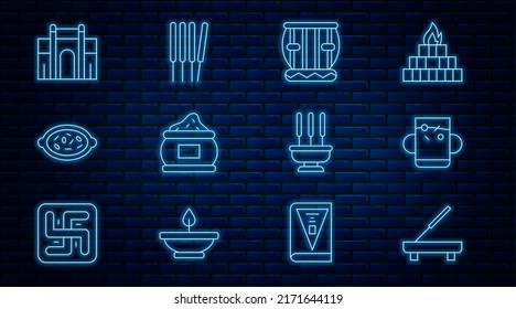 Set line Scented spa stick, Cup of tea and leaf, Instrument tabla, Indian spice, Kheer in bowl, Gate Delhi, Incense sticks and Aroma sticks, incense icon. Vector