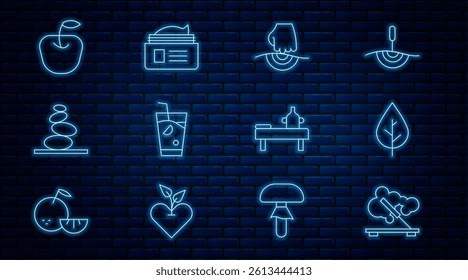 Set line Scented spa stick, Leaf, Massage, Fresh smoothie, Stack hot stones, Apple, table with oil and Ointment cream tube icon. Vector