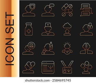 Set line Schizophrenia, Bipolar disorder, Closed personality, Medicine pill tablet, Male doctor, Sedative pills, Psychology and Depression and frustration icon. Vector