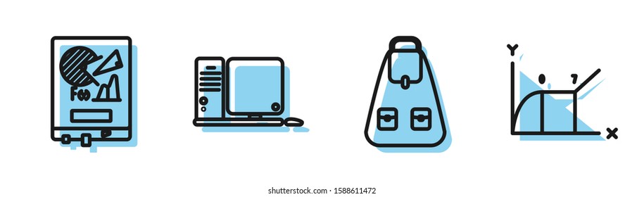 Set line School backpack, Board with graph chart, Computer monitor with keyboard and mouse and Pie chart infographic icon. Vector