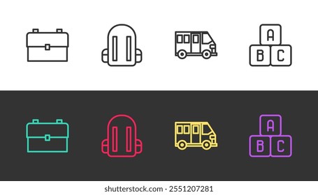 Set line School backpack, , Bus and ABC blocks on black and white. Vector