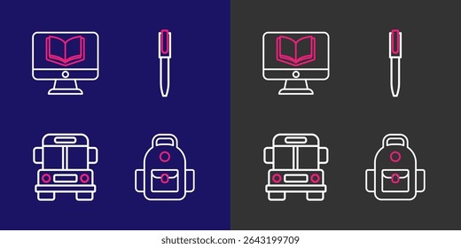 Set line School backpack, Bus, Pen and Online class icon. Vector