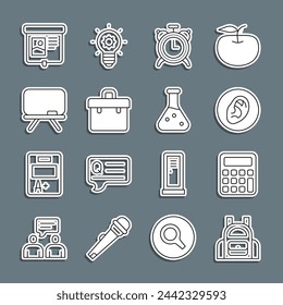 Set line School backpack, Calculator, Ear listen sound signal, Alarm clock, Briefcase, Chalkboard, Projection screen and Test tube icon. Vector