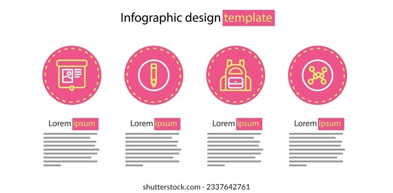 Set line School backpack, Chemical formula, Pencil and Projection screen icon. Vector