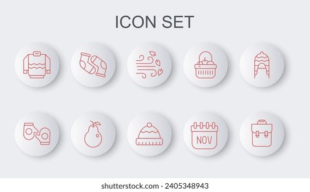 Set line School backpack, Christmas mitten, Windy weather, November calendar autumn, Sweater, Socks, Pear and Winter hat icon. Vector