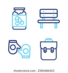 Set line School backpack, Christmas mitten, Bench and Jam jar icon. Vector