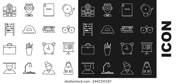 Mochila escolar, diagrama, infografía, gráfico circular, timbre de alarma, cuaderno, rejilla del transportador para medir grados, ábaco, edificio y carpetas de oficina papeles y documentos icono. Vector