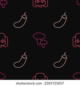 Set line Mochila escolar, berenjena y champiñón en patrón transparente. Vector