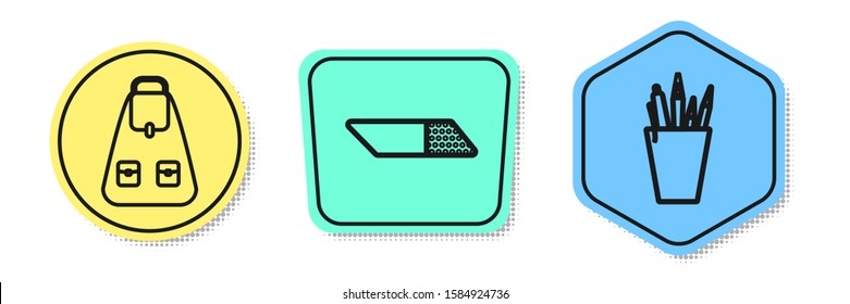 Set line School backpack, Eraser or rubber and Pencil case stationery. Colored shapes. Vector