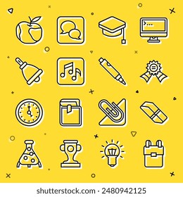 Set line School backpack, Eraser or rubber, Medal, Graduation cap, Music note, tone, Ringing bell, Apple and Marker pen icon. Vector