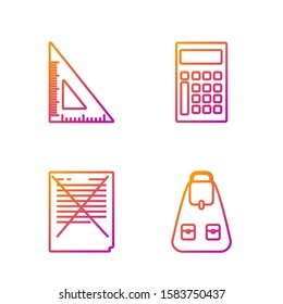 Set line School backpack, Exam paper with incorrect answers survey, Triangular ruler and Calculator. Gradient color icons. Vector
