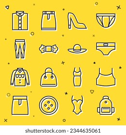 Set line School backpack, Female crop top, Men underpants, Woman shoe, Bow tie, Leggings, Shirt and Elegant women hat icon. Vector