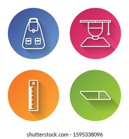 Set line School backpack, Graduate and graduation cap, Ruler and Eraser or rubber. Color circle button. Vector