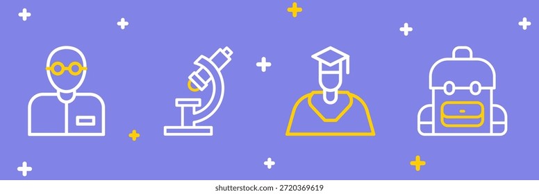 Mochila escolar, gorra de graduado y graduación, microscopio e icono de profesor. Vector