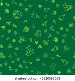 Set line School backpack, Male kid raising hand and Ringing bell on seamless pattern. Vector