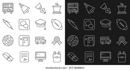 Set line School backpack, Medal, American football ball, Fountain pen nib, Speech bubble chat, Pen, Shelf with books and Graduation cap icon. Vector