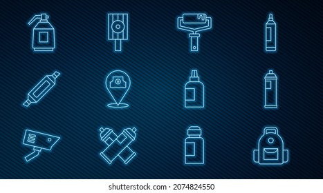 Set line School backpack, Paint spray can, roller brush, Marker pen, gun, Paint, gouache, jar, dye and Spray nozzle cap icon. Vector