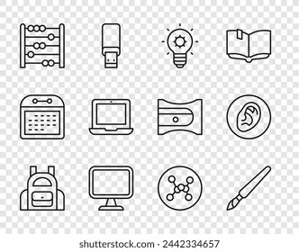 Set line School backpack, Paint brush, Light bulb, Computer monitor, Abacus, Laptop, Chemical formula and Ear listen sound signal icon. Vector