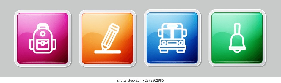 Set line School backpack, Pencil with eraser, Bus and Ringing bell. Colorful square button. Vector