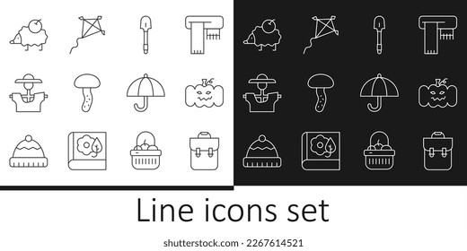 Set line School backpack, Pumpkin, Shovel, Mushroom, Scarecrow, Hedgehog, Umbrella and Kite icon. Vector