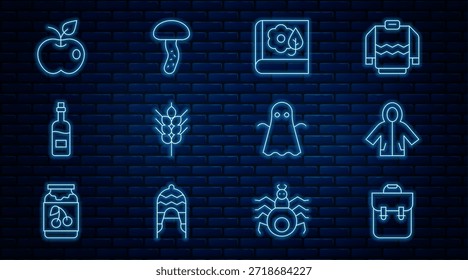 Definir linha Mochila de escola, Capa de chuva, Herbário, Trigo, Garrafa de vinho, Maçã, Fantasma e Cogumelo ícone. Vetor