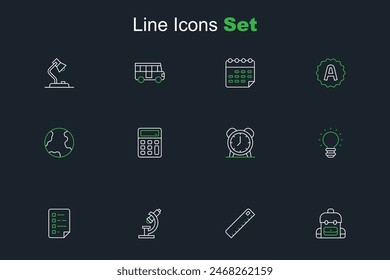 Set line School backpack, Ruler, Microscope, Clipboard with checklist, Creative lamp light idea, Alarm clock, Calculator and Earth globe icon. Vector